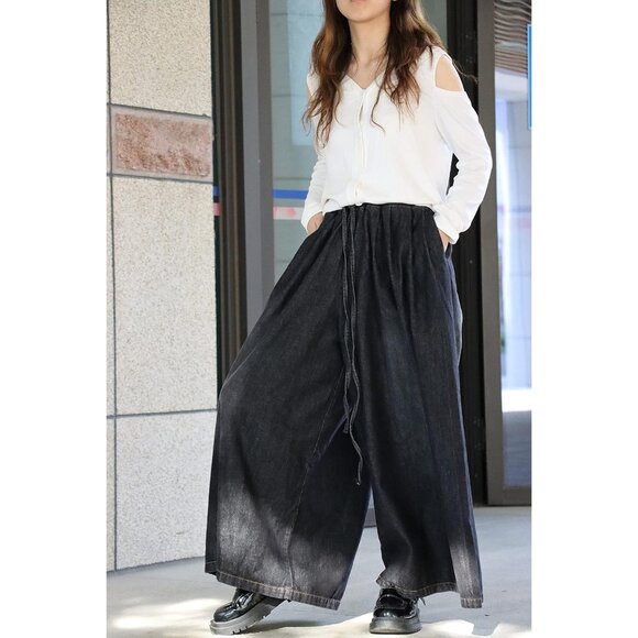 Women Extra Wide Leg Denim Pants Cotton Casual Loose Elastic Waist Pockets - Picture 4 of 6